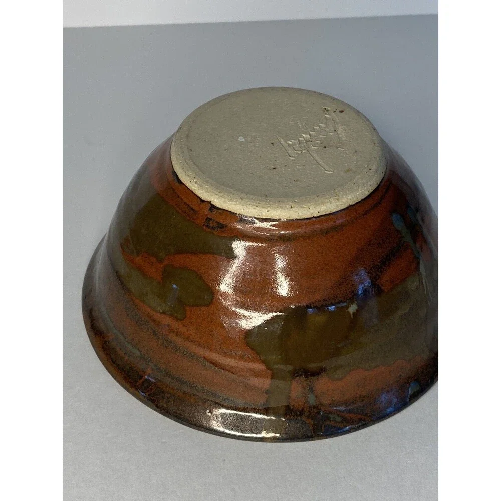 Handmade Studio Pottery Bowl Signed Artist Brown Glazed Rustic Stoneware Art